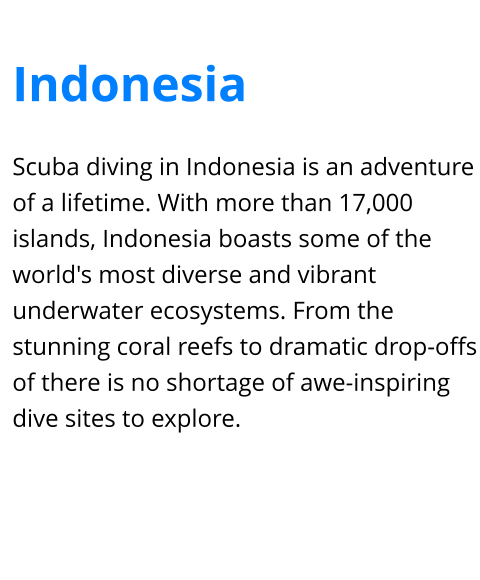 Scuba diving in Indonesia is an adventure of a lifetime. With more than 17,000 islands, Indonesia boasts some of the world's most diverse and vibrant underwater ecosystems. From the stunning coral reefs to dramatic drop-offs of there is no shortage of awe-inspiring dive sites to explore. Indonesia